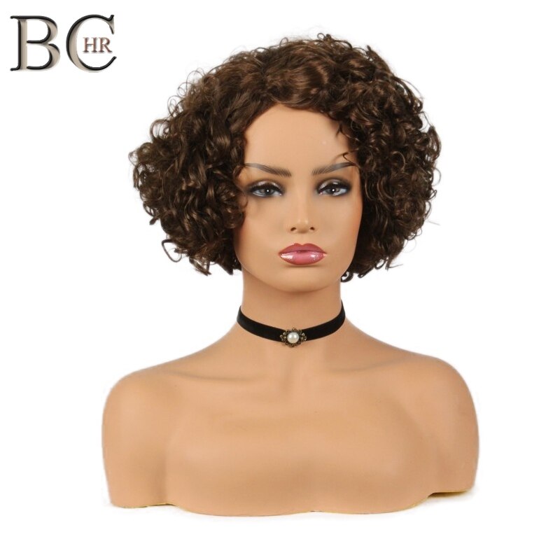 BCHR Afro Deep Curly Wig Short Bob Brown Synthetic Wig for Black Women Natural Realistic 10 Inches Aircabin Machine Made Wig