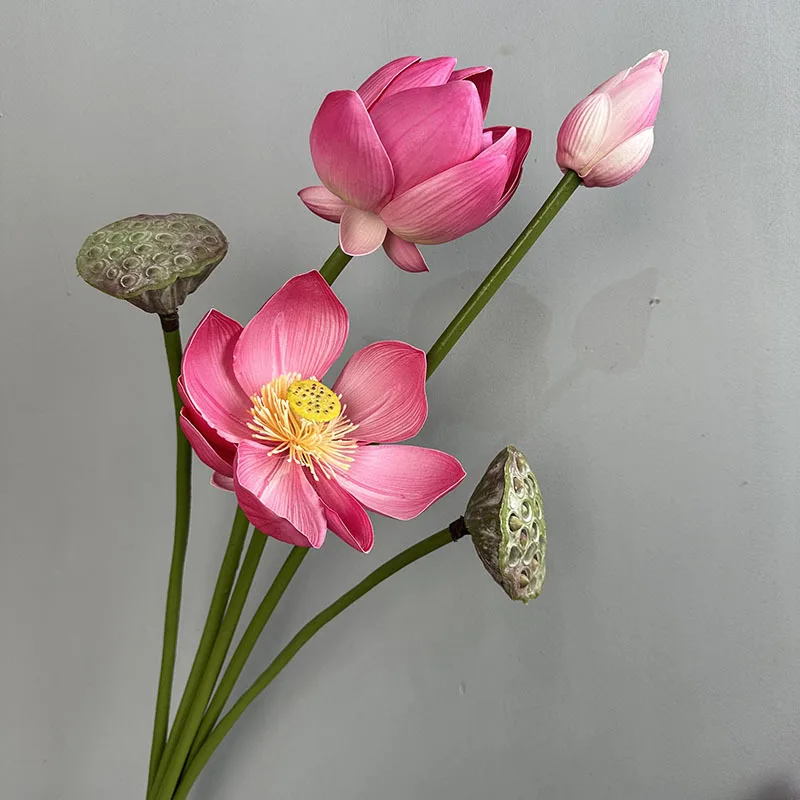Artificial Flower EVA Lotus with Pole Lotuses Leaves Home Living Room Pastoral Style Decoration Simulation Pink White Flowers