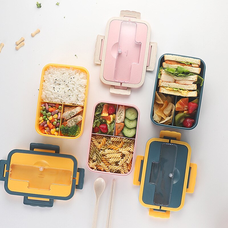 Magnetron Lunchbox Draagbare Bento Box Tarwe Stro Voedsel Container Voor School Kids Kantoormedewerker Met Servies Voedsel Doos