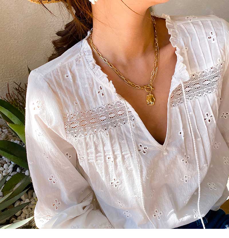 Boho inspireret hvid bluse kvinder langærmet hul ud bomuld forår sommertoppe boho bluse v-hals kvast bluse skjorte
