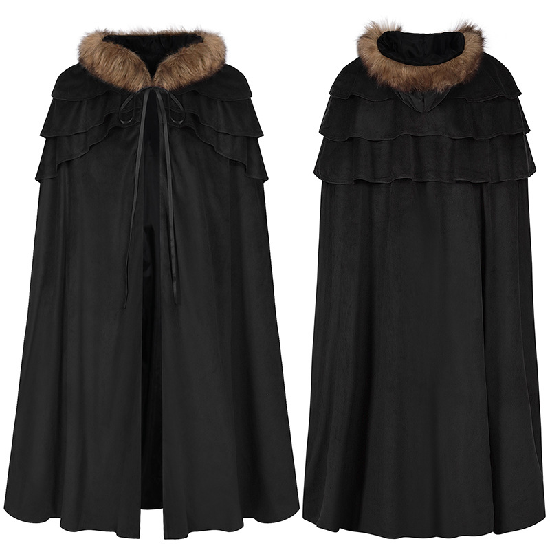 Gothic women's cape, halloween costume, men's medieval costume, winter fur collar, larp viking cosplay cape coat: Black