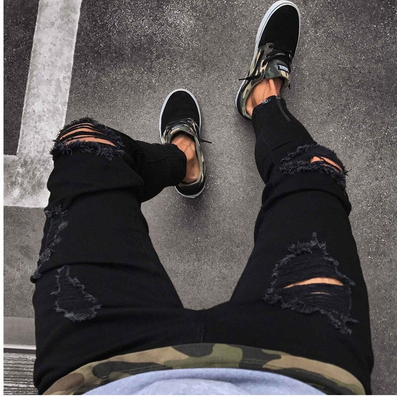 Brand Men Jeans Skinny Ripped Destroyed Stretch Slim Fit Pencil Pants With Holes For Men Casual Black Street Trousers