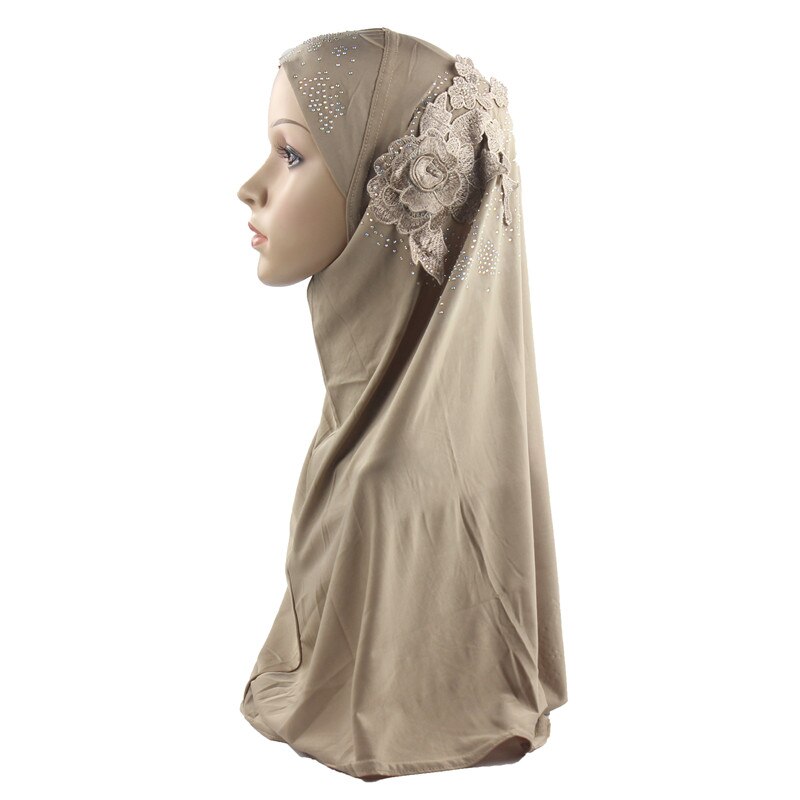 Mulheres muçulmanas meninas hijab lenço islâmico mulher uma peça amira boné cobertura completa headwear com uma beleza flor diamante atacado: Light Brown