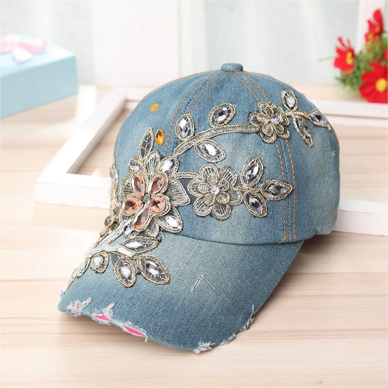 Nueva gorra de béisbol de lujo con diamantes de imitación para mujer gorra de béisbol vaquero con patrón floral de para mujer con diamantes de cristal: B