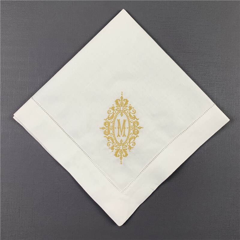 Sæt  of 12 glimrende monogram servietter hvide sømme linned bord servietter 20 " x20 " stige broderet første te serviet: Guldbogstav m