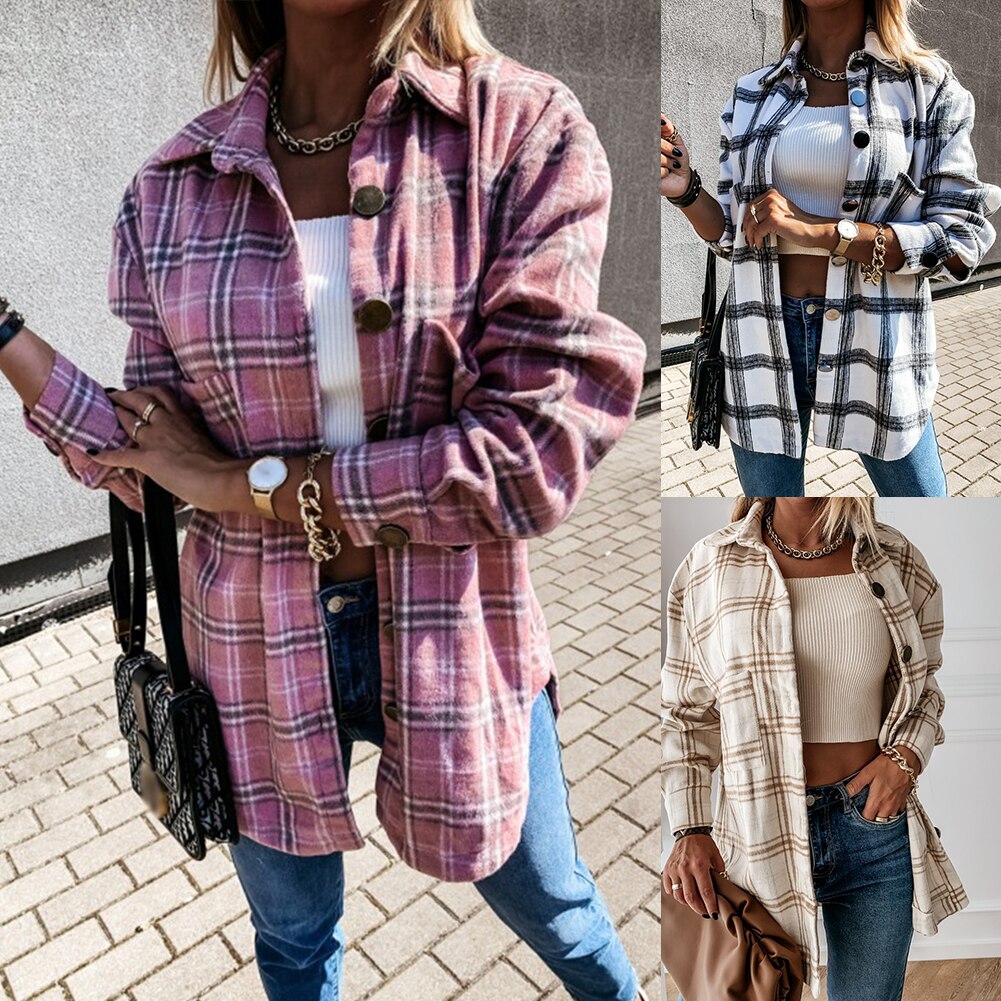 Dames stijlvolle omslagkraag zakken jas geruite knopen lang overhemd jas