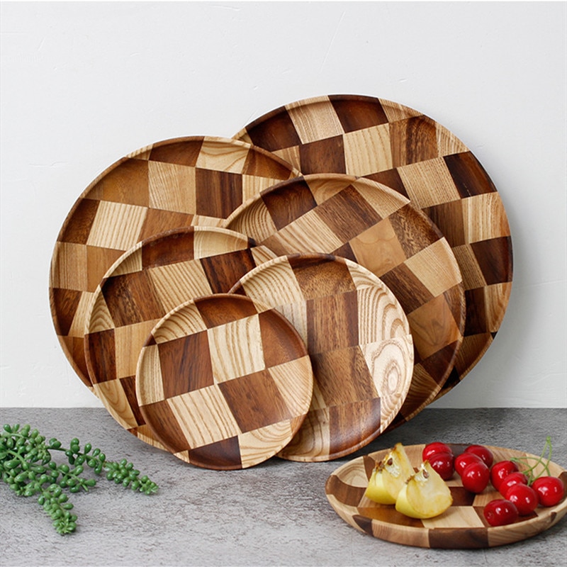 Grid Pattern Solid Wood Pan Plate Fruit Dishes Saucer Tea Tray Dessert Dinner Bread Wood Plate