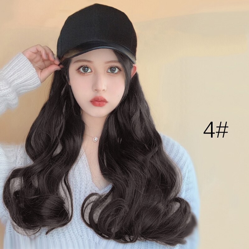 Nueva gorra de con extensión de cabello sintético, sombrero de Peluca de pelo largo para mujer, pelucas para mujer, color negro y marrón: 4