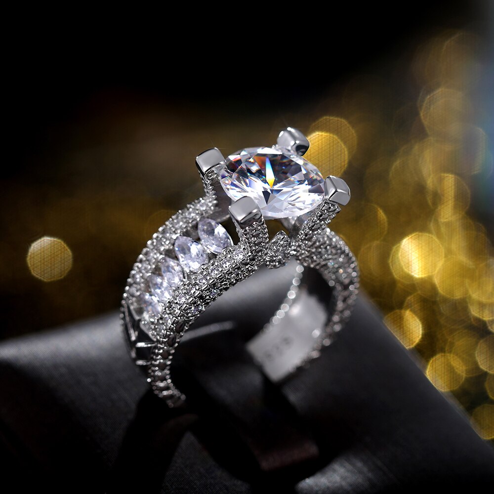 Huitan-anillo de compromiso con Circonia cúbica para mujer, sortija de compromiso con clásico, redonda, 10mm, de lujo, para boda