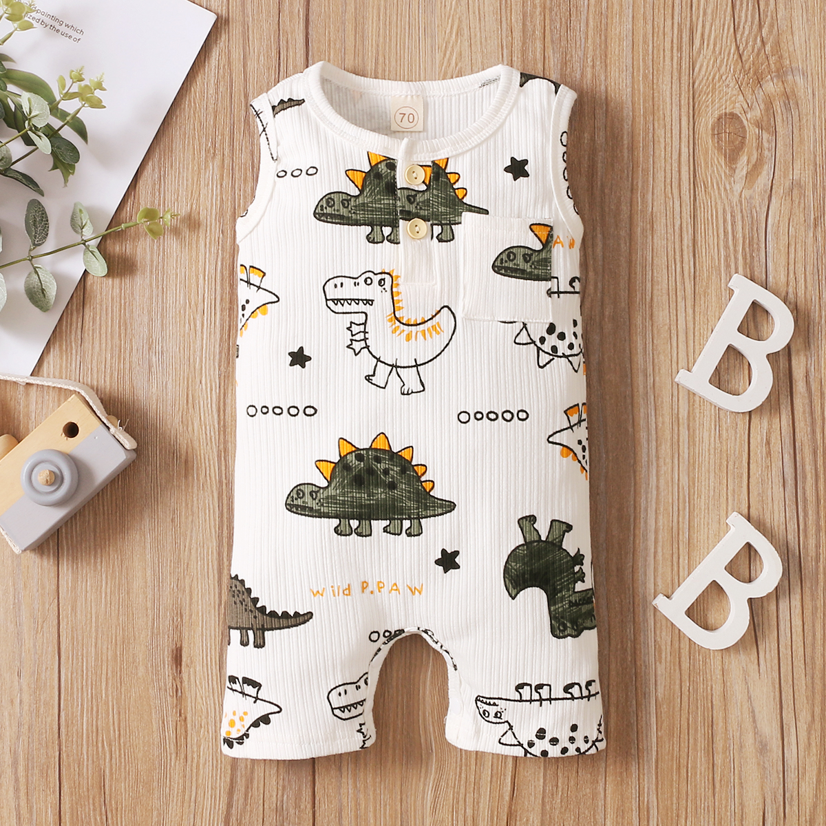 0-18M Infant Baby Boy Playsuit Summer Cartoon Dinosaur Striped Print Sleeveless Jumpsuit Romper Casual Cotton Outfit