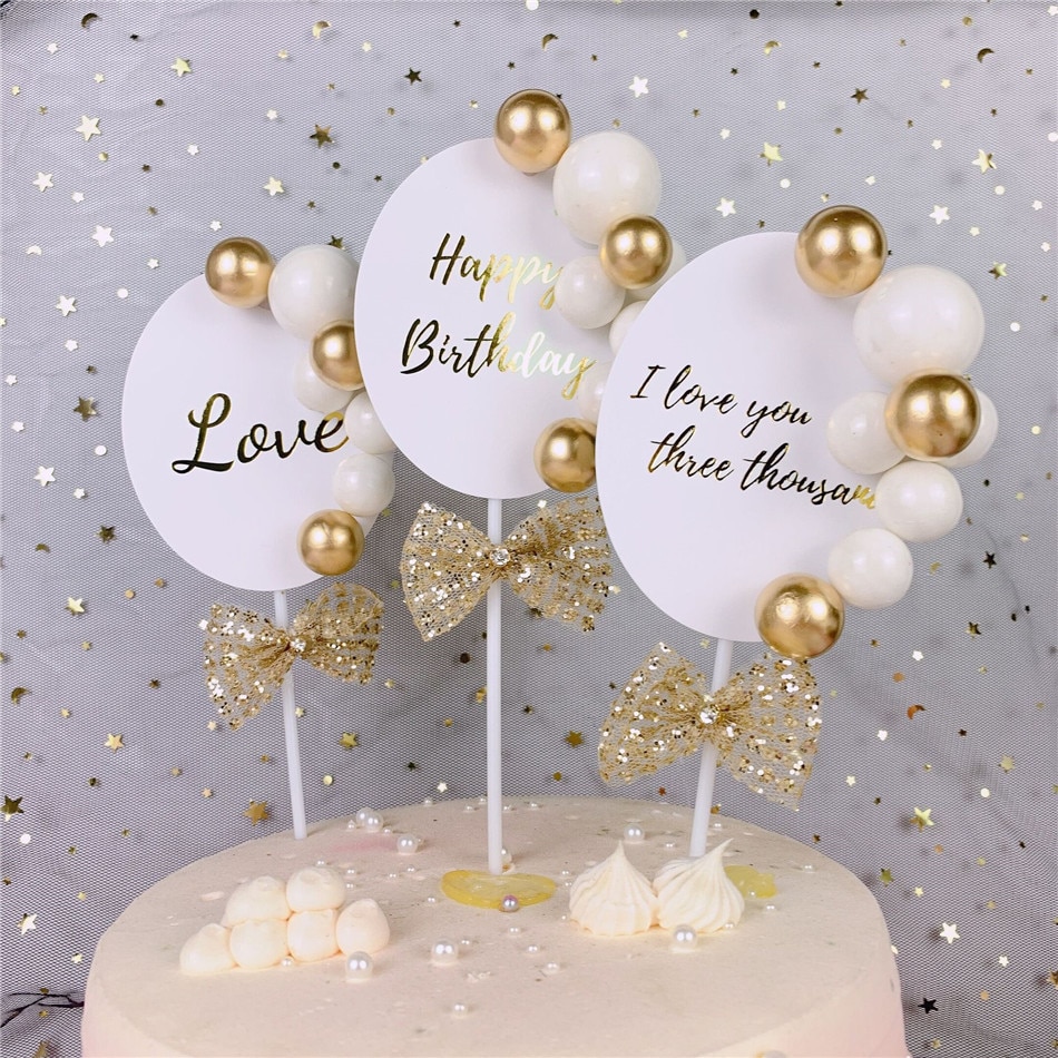 1Pc Folie Liefde Gelukkige Verjaardag Cake Toppers Leuke Gouden Parel Cupcake Toppers Voor Bruiloften Birthday Party Cake Decorating Supplies