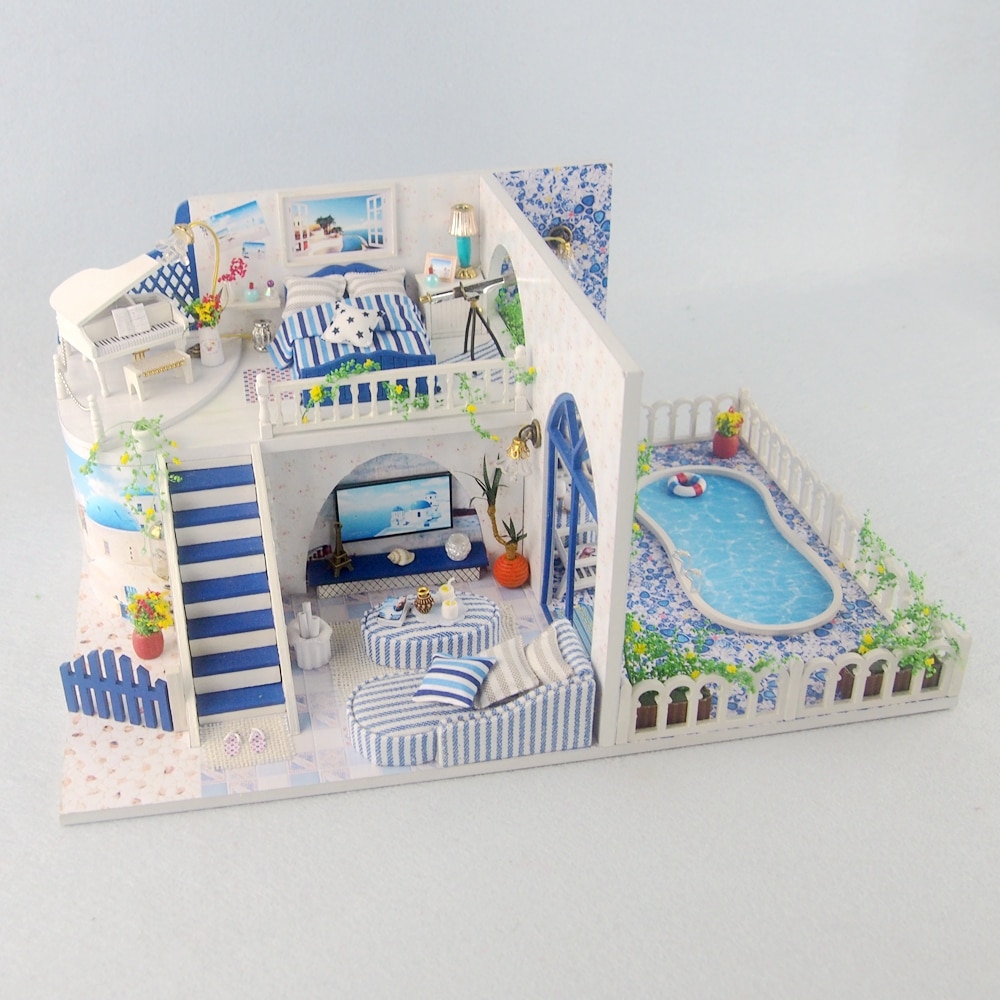 Diy Poppenhuis Houten Miniatuur Poppenhuizen Meubels Kit Doos Puzzel Monteren Villa Zwembad Strand Poppenhuis Speelgoed Voor Kerst Cadeau