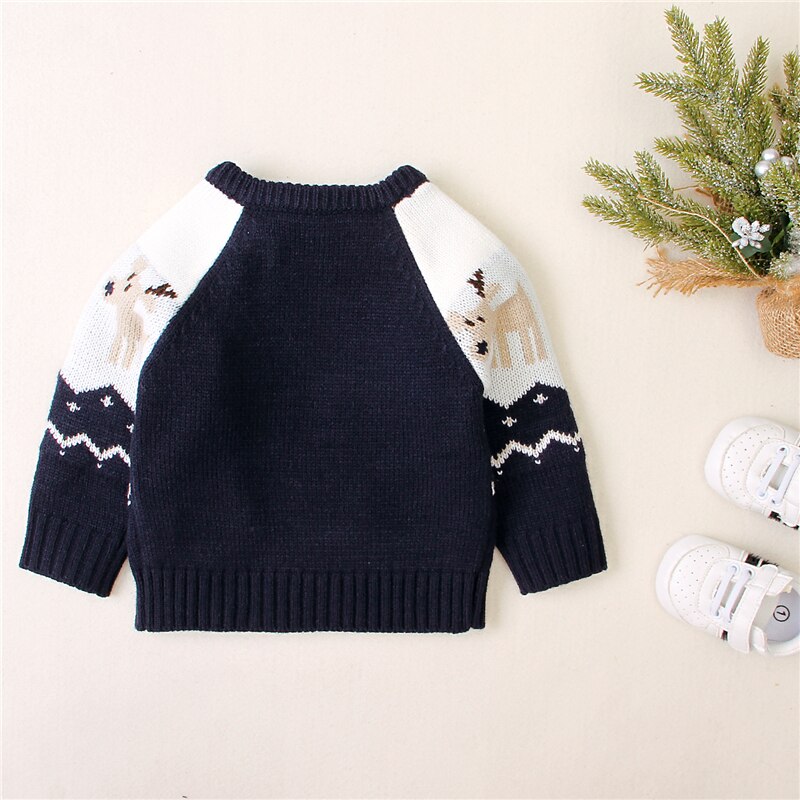 Baby dreng pige vinter jul strikket sweater rund hals langærmet løs elg mønster toppe xmas tøj 3-18 måneder