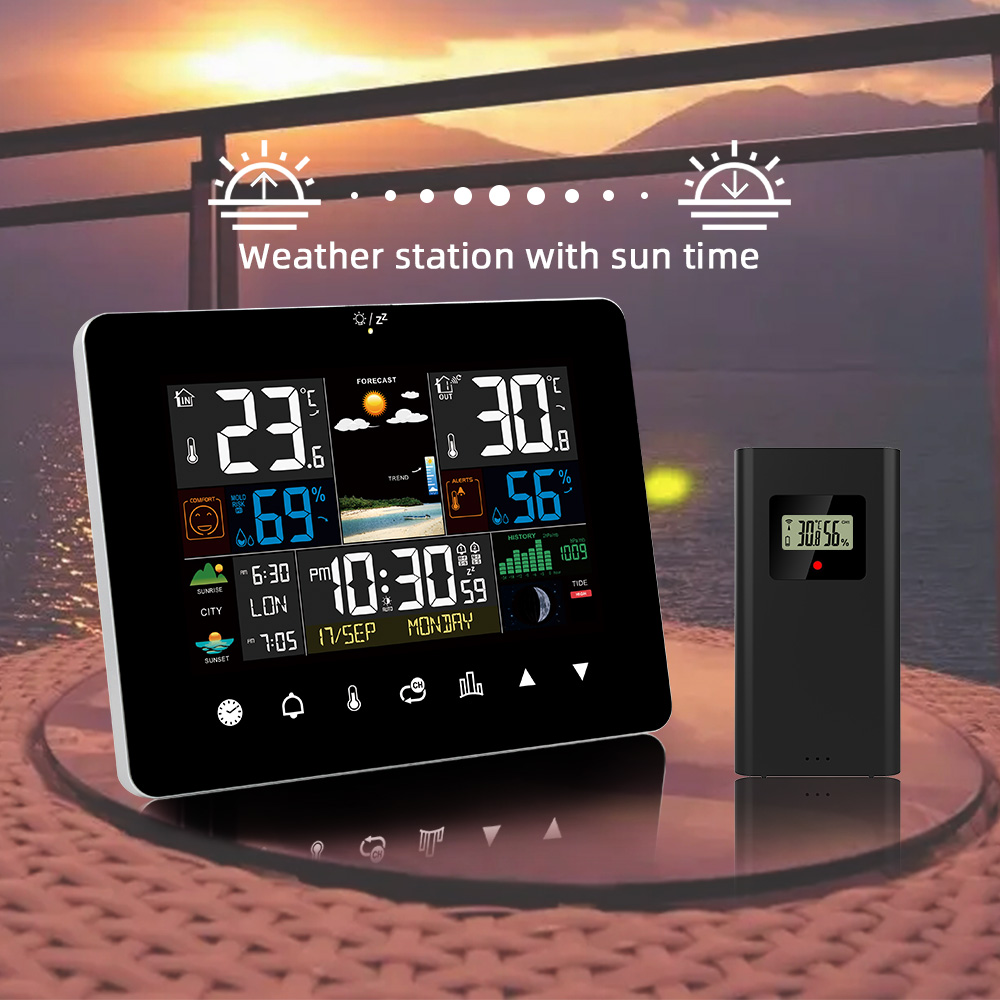 Multifunctioneel weerstation Wekker Touchscreen Thermometer Hygrometer Draadloze sensor Zonsopgang Zonsondergang Hygrothermograaf