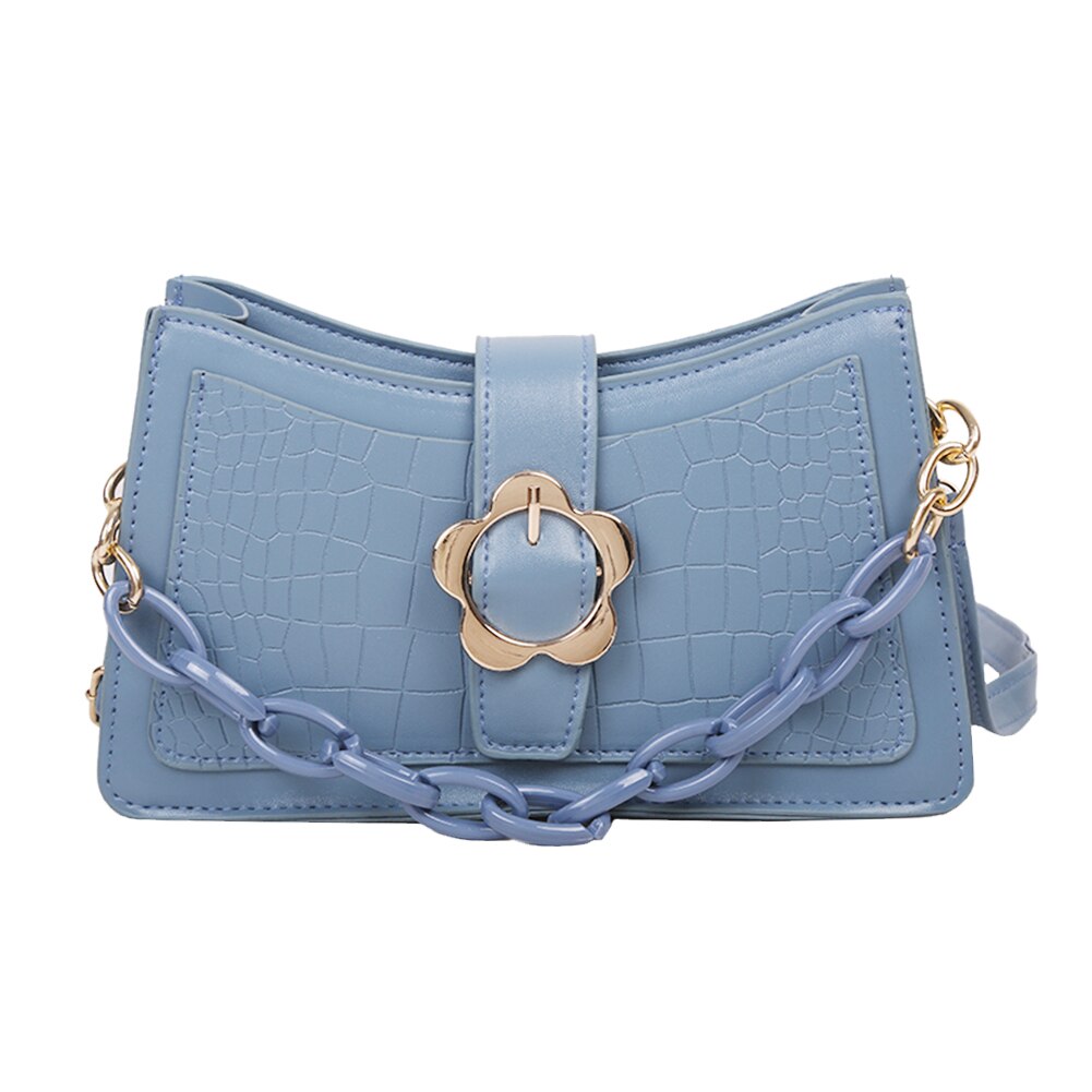 Alligator PU sacs à bandoulière jeunes dames Simple polyvalent sac femmes fleur boucle chaîne pochette à bandoulière: Bleu