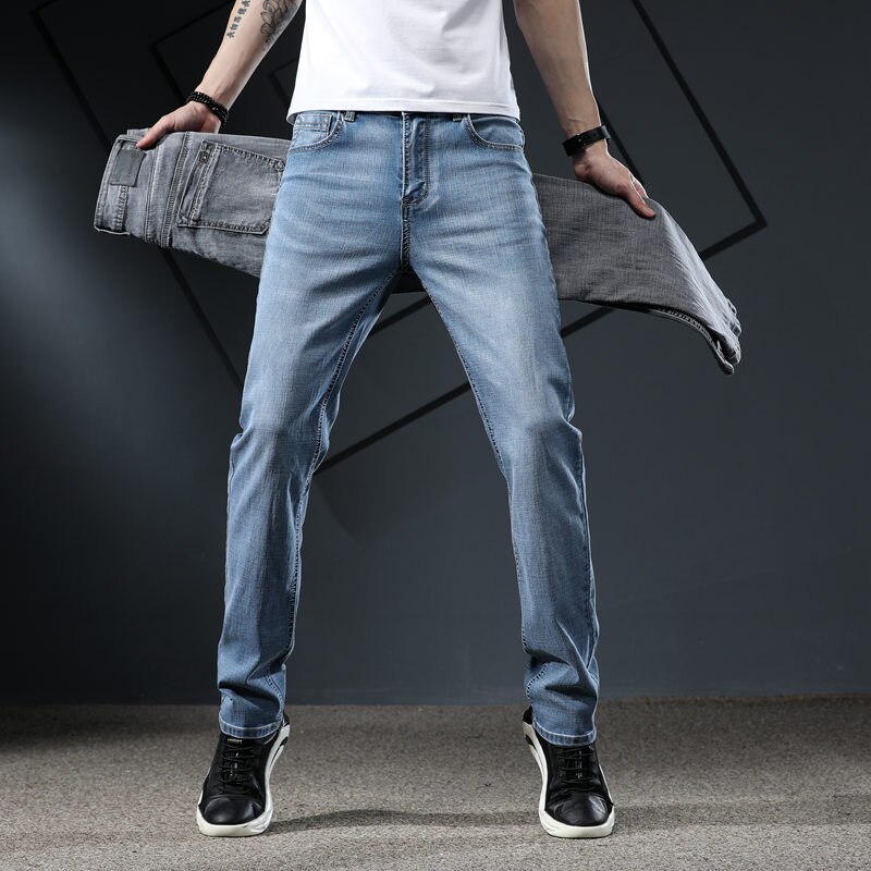 Zomer herfst business casual klassieke stijl denim broek heren zwart blauw grijs broek heren stretch-fit jeans: Blauw / 36