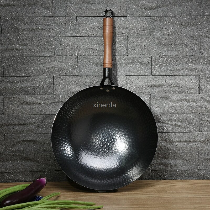 30/32/34cm Forged Hammer Iron Wok Stone Uncoated Physical Non-stick Pan Cast Iron Round Dumpling Pan Kitchen Pots Cooking Pans