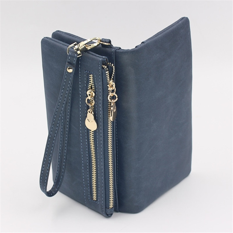 Women Wallets Dull Polish Leather Wallet Double Zipper Day Clutch Purse Wristlet Portefeuille Handbags Carteira Feminina