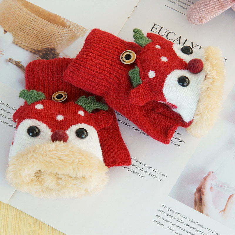 Mitaines de renne de dessin animé pour enfants, hiver , Plus velours, gants tricotés pour bébés filles de 1 à 8 ans: Red