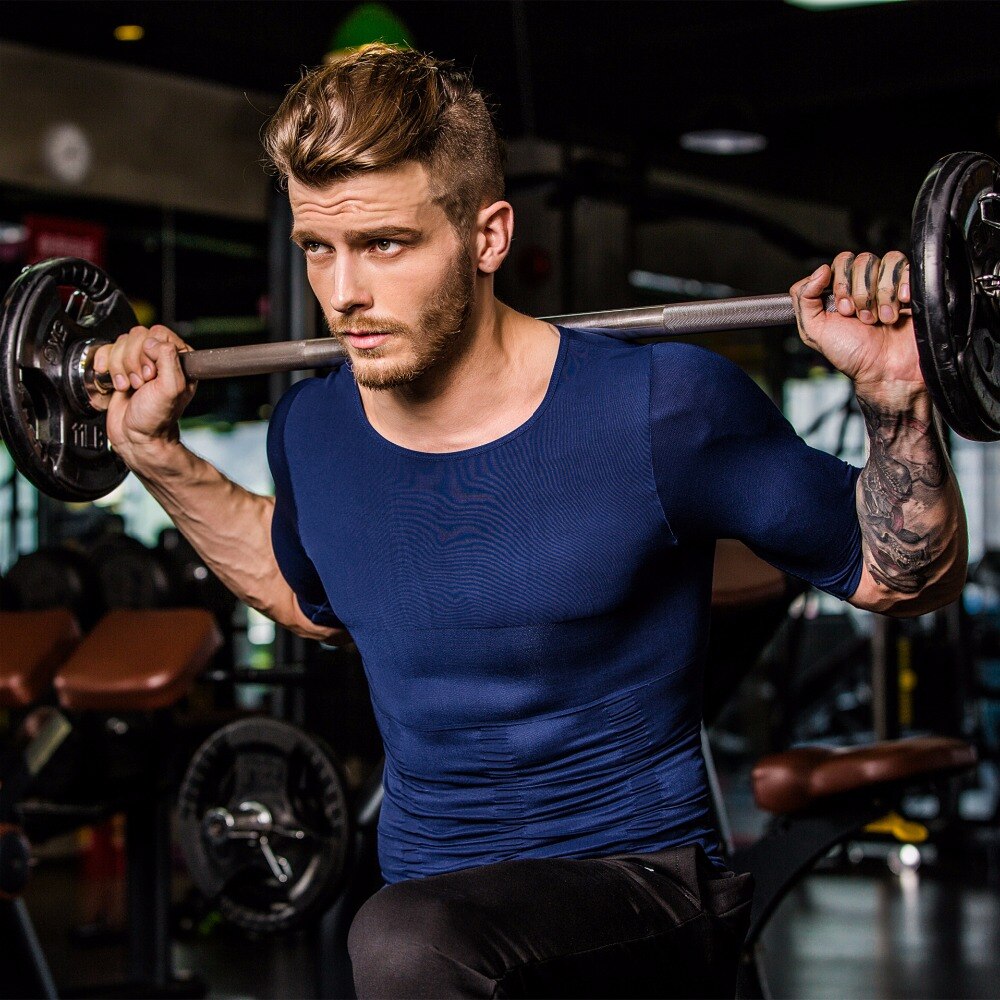 Sømløs muskel mave fitness bodybuilding stram toning træning kortærmet sportstøj hurtig tørre shapers til mænd