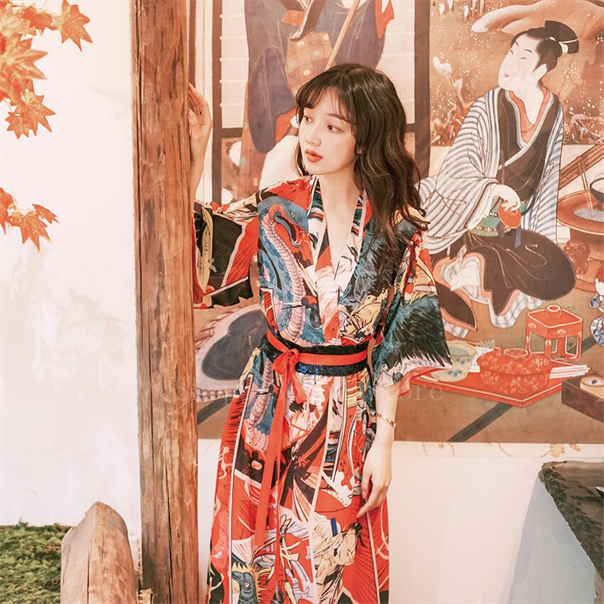 Sommar japansk stil klänning kimono kvinnor flicka fancy print semester chiffong älva lång retro geisha vestido kofta