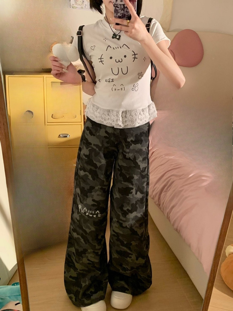 Blonde patchwork japansk kawaii søde t-shirts sommer kvinder  y2k æstetisk tegneserie kat tryk t-shirt harajuku grunge fe toppe
