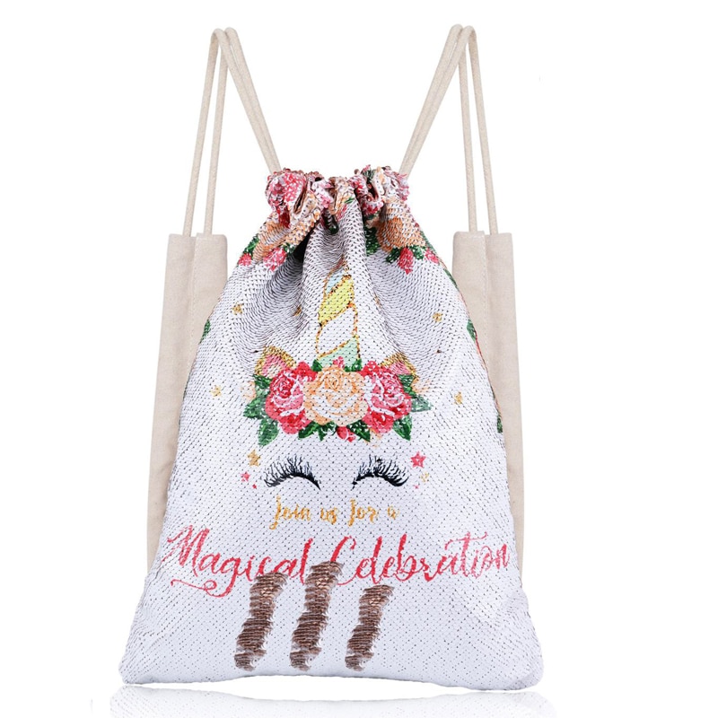 Outdoor Unicorn Drawstring Backpack Girls Sequin Patch Bags Cotton Shopping Soft Bag Travel Beach Backpack