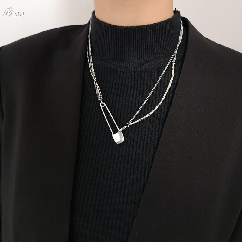 AOMU Paperclip Punk Chic Silver Color Metal Clavicle Chain Necklaces For Women Men Necklace Lovers Jewelry