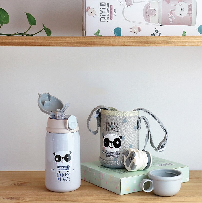Taza de alimentación de dinosaurio para bebé, termo de leche de acero inoxidable para niños, botella de agua aislada, taza térmica con fugas, 360ml: Gris