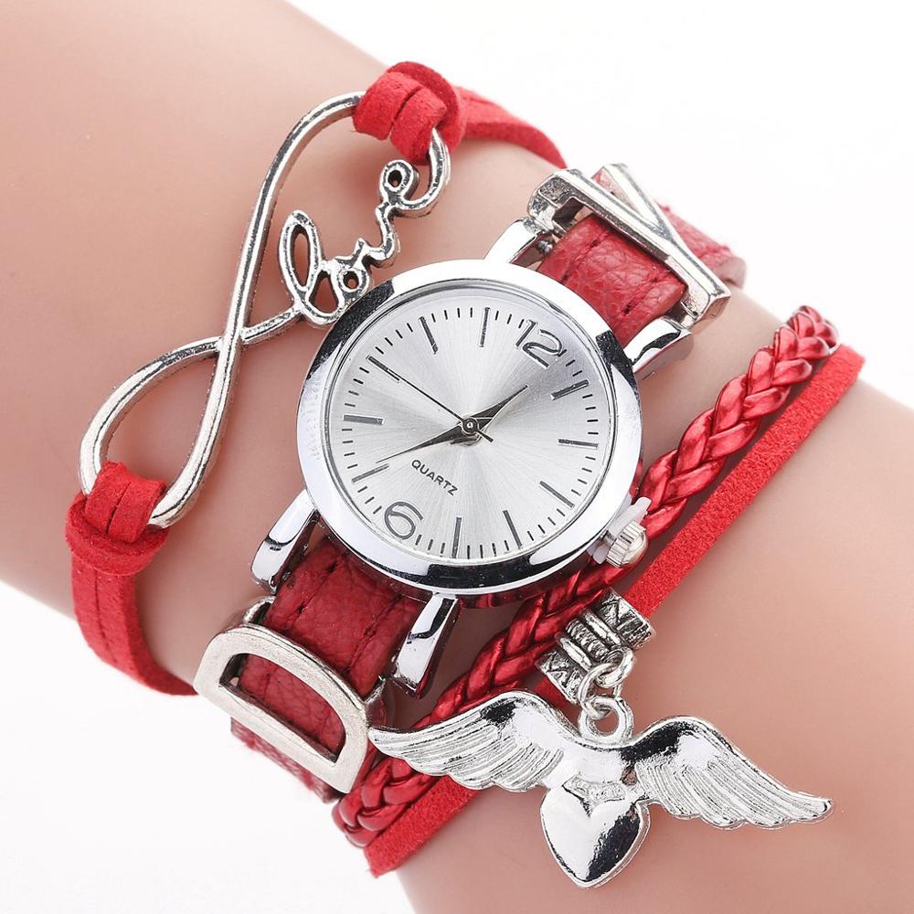 Duoya brand ure til kvinder luksus sølv hjerte vedhæng læderbælte kvarts ur damer armbåndsur armbånd zegarek damski: Rød