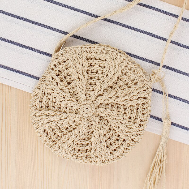 Quaste frauen Schulter Tasche Handgemachte Runde Stroh Taschen Gewebt Bohemien Sommer Strand Tasche Weibliche Kleine Bote Umhängetaschen: Beige