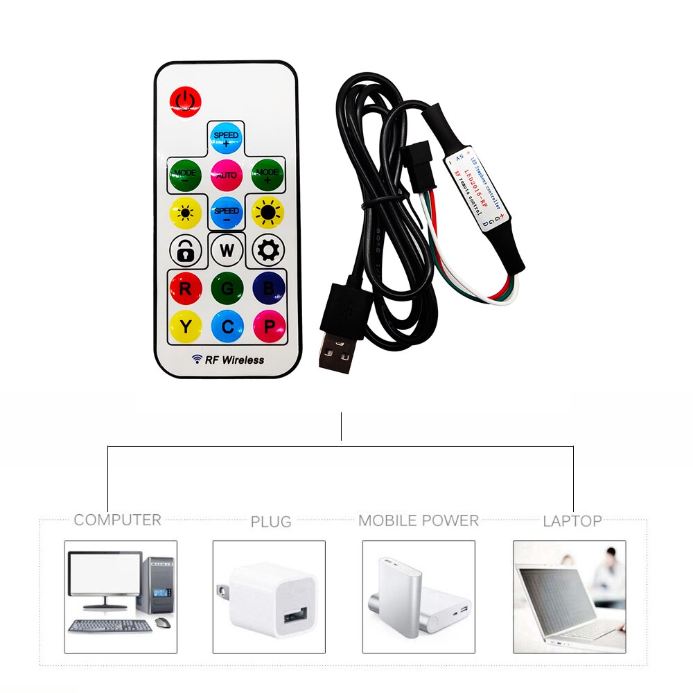 17Keys USB RF Remote Wireless Controller For IndividuaIIy Addressable WS2811/WS2812/WS2813/WS2815/SK6812 Strip Lights Connector