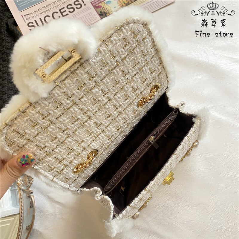 Luxus Perlen Pelz Umhängetaschen für Frauen Winter Handtaschen Bling Strass Diamant Damen Abend Party Mini Tasche