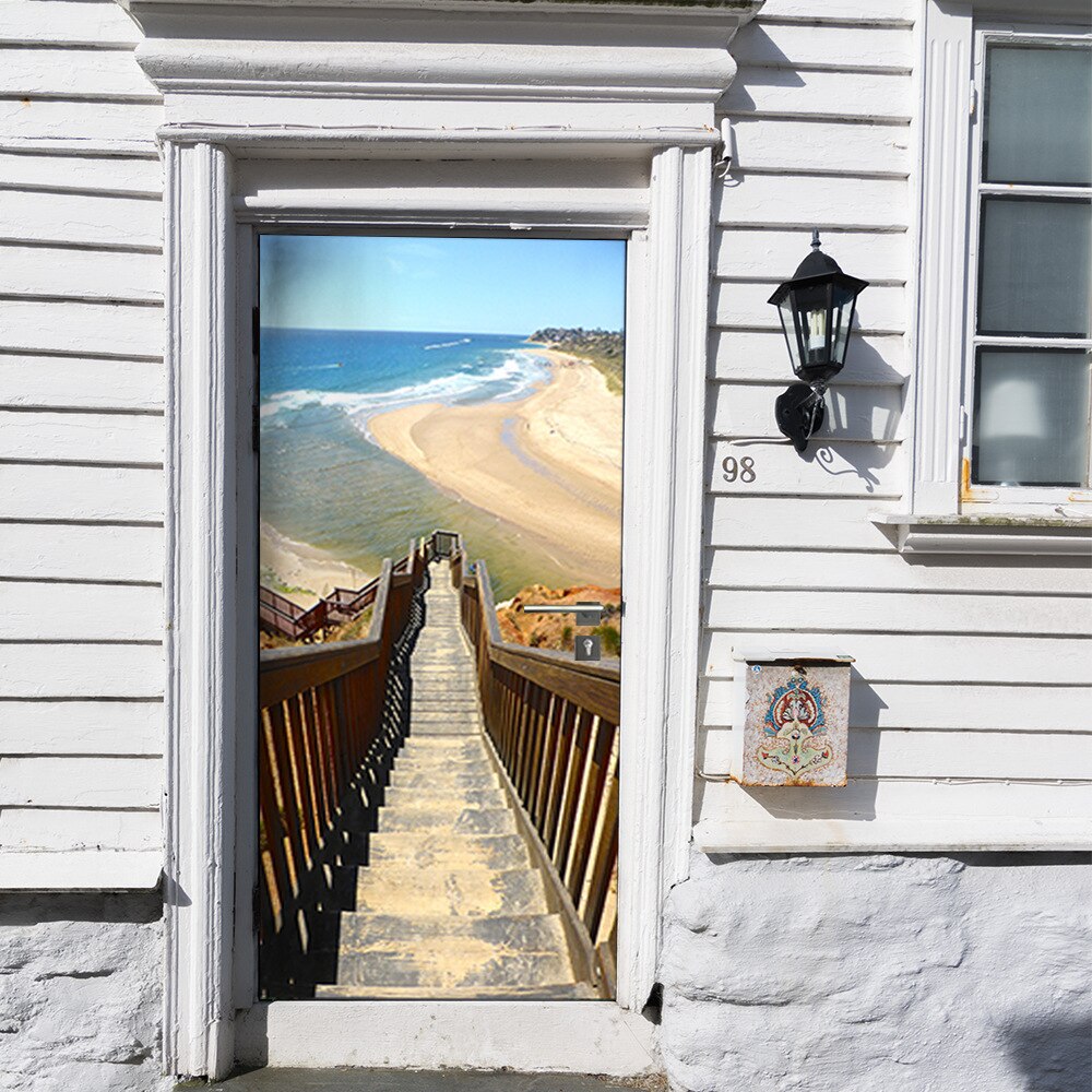 Landscape Door Stickers Wooden Bridge Beach Sea View Stickers Bedroom Study Bathroom Door Concealer Decorative Wall Stickers