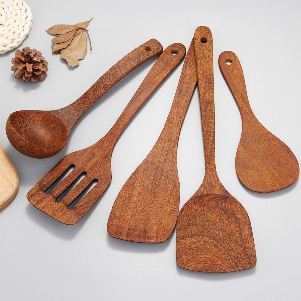 Juego de utensilios de cocina de madera, mango largo, espátula para arroz, cuchara para verduras, carne, cocina, pala, cucharas mezcladoras para sartén antiadherente, herramientas de cocina: 5PCS