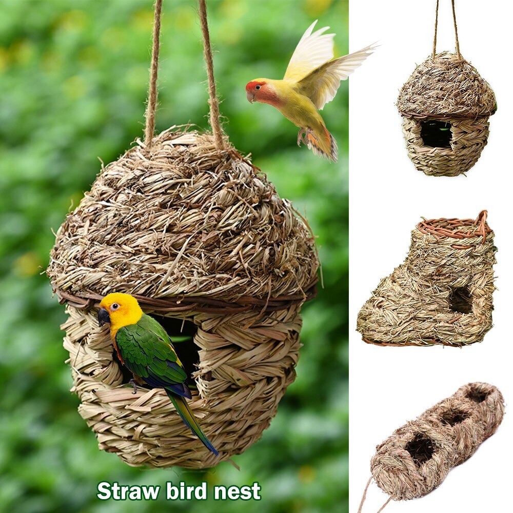 Bird Nest Handmade Woven Straw Bird Cage Parrot Nesting Hanging Breeding Cave Hatching House Hut For Parakeet Hamster