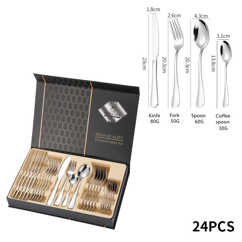 6Set/24Pcs Luxury Flatware Box Set Wedding Banquet Year Family Dinner Cutlery Set Stainless Steel Tableware Set: Silver 24Pcs Box