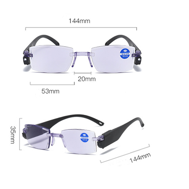 Anti-blue Light Reading Glasses Distance And Near Dual-use Rimless Edge-cutting Eyeglasses With Led Light For 100-350 Degree