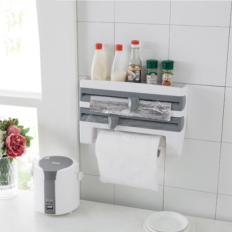 4 en 1, organizador de cocina soporte para papel de cocina Film transparente de titular de la botella de salsa de papel de aluminio de almacenamiento en Rack estante de cocina