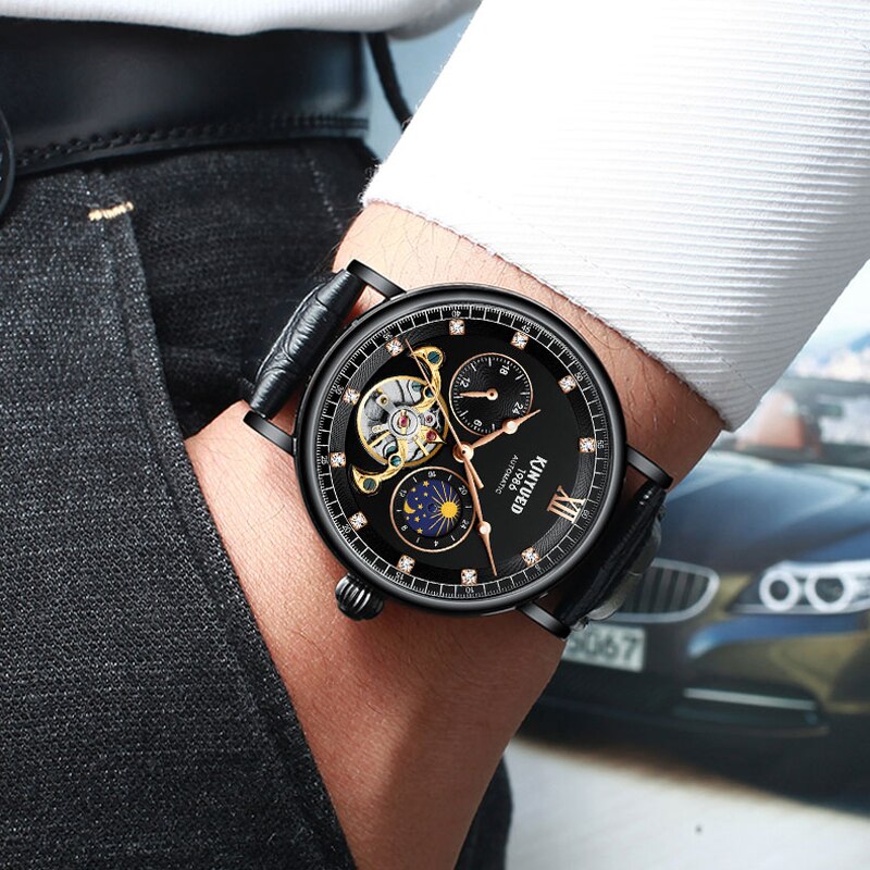 KINYUED-reloj con movimiento mecánico para hombre, Tourbillon, automático, esqueleto hueco, de negocios, reloj luminoso resistente al agua, J053