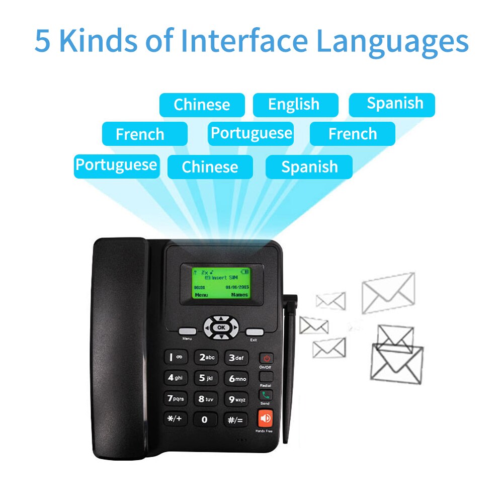 Teléfono inalámbrico de escritorio, soporte GSM 850/900/1800/1900MHZ, Tarjeta SIM Dual, 2G, teléfono inalámbrico fijo con antena de Radio y alarma