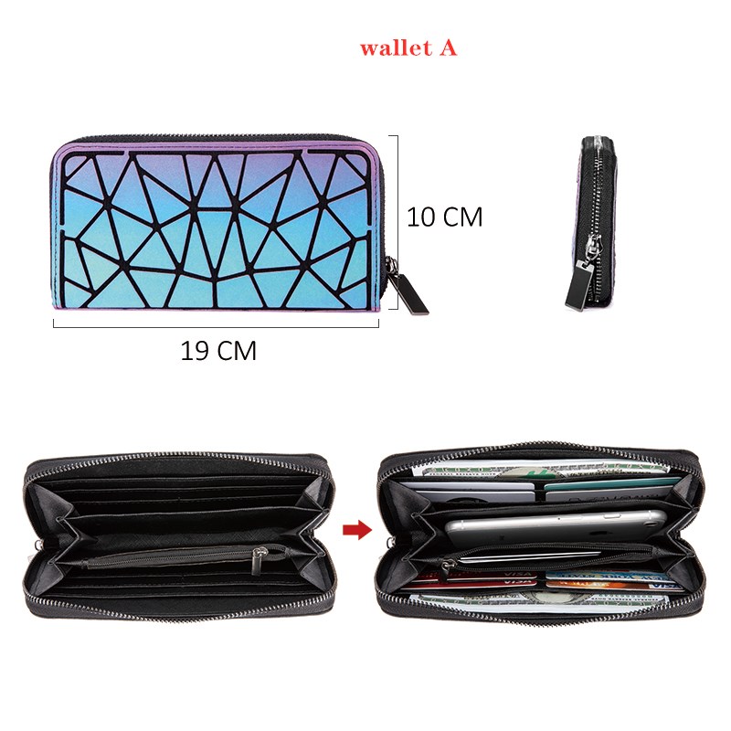 Luminous long zipper wallet for women.Geometric rhombus cell phone wallet/multi-card credit card holder and coin purse
