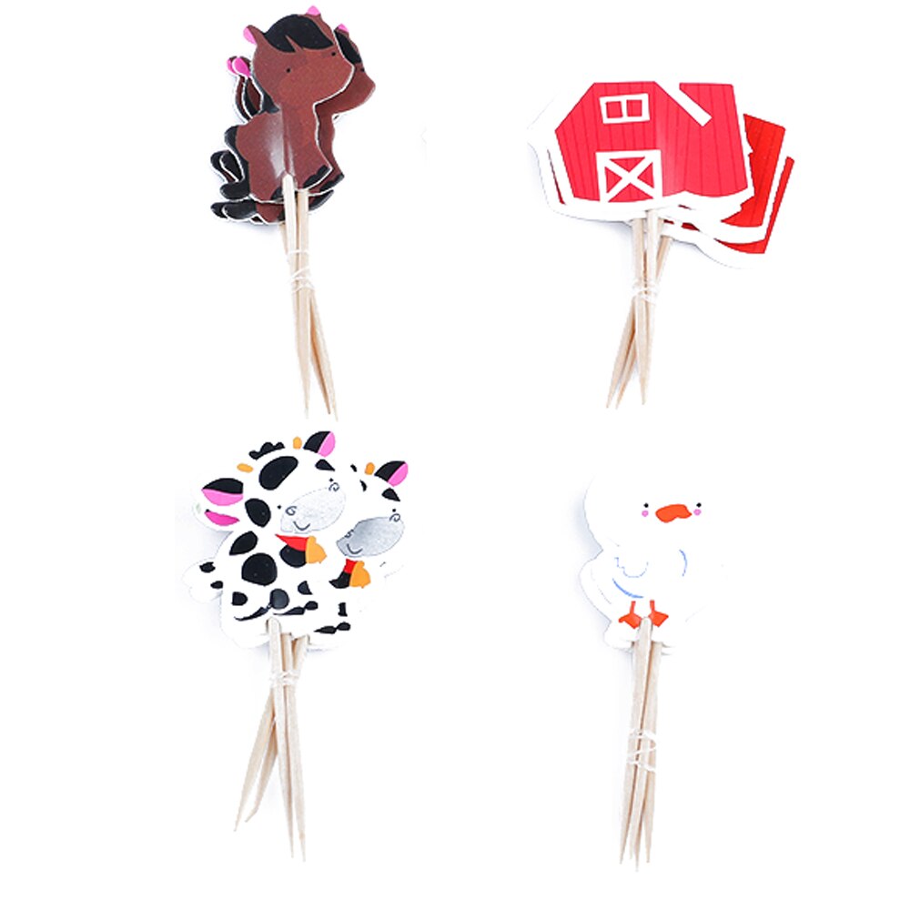 24PCS/pack Cartoon Farm Animal Party Theme Cupcake Toppers Mixed Styles Picks for Kids Birthday Party Favors DIY Cake Decor
