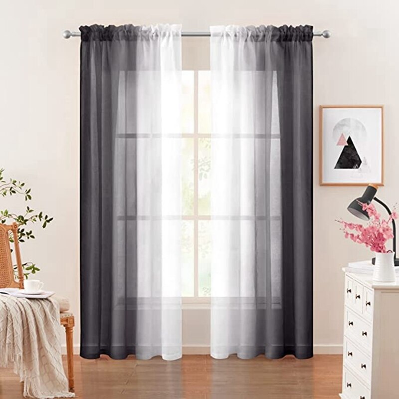 Praktische 2 Pcs Sheer Ombre Gordijnen 52X84 Inch Gradiënt Gordijnen Semi Sheer Voile Gordijnen Staaf Pocket Raam Gordijnen voor Kamer: Black White