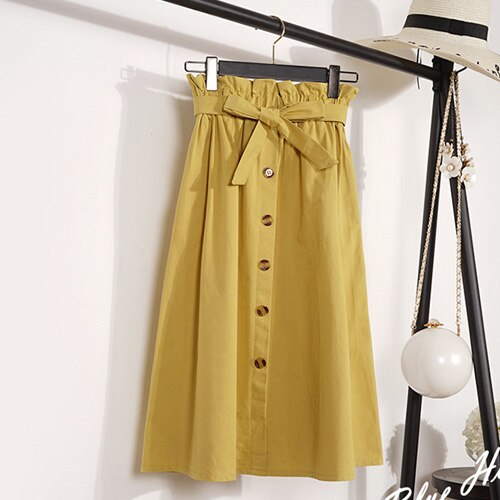 Faldas de verano y otoño para mujer, Falda Midi hasta la rodilla con botones coreanos , de cintura alta, plisada, para la escuela,: YELLOW