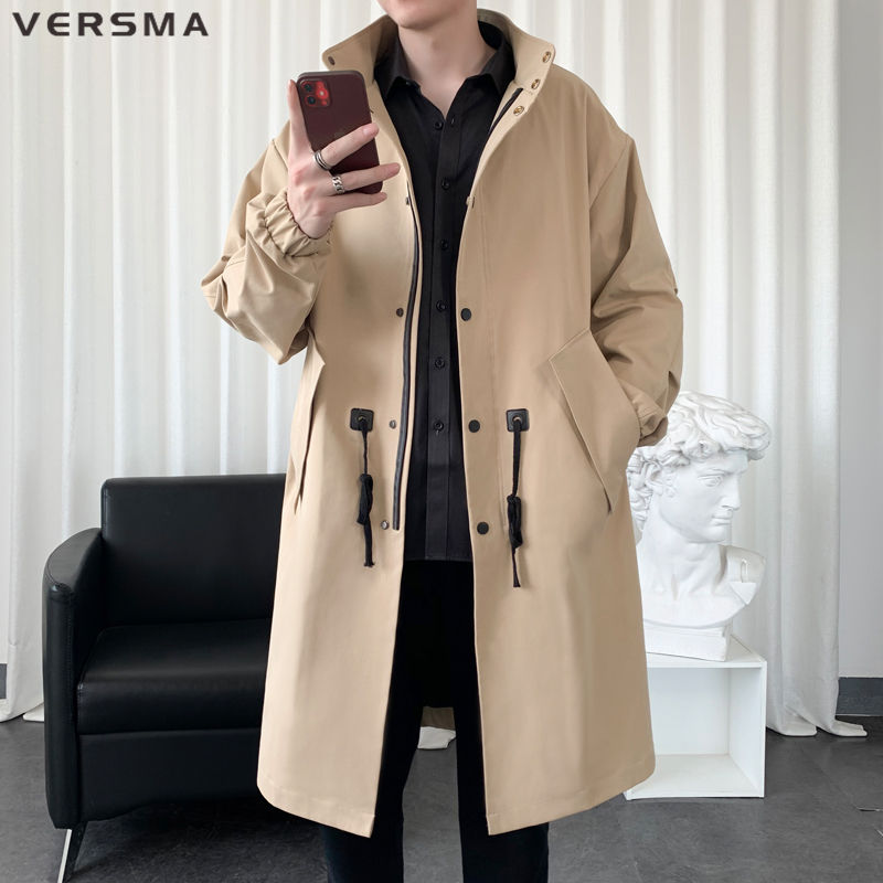 VERSMA Korean Trendy Black Mens Long Trench Coat Men Plus Size British Style Solid Color Russian Waterproof Classic Windbreaker: Khaki / XXXL