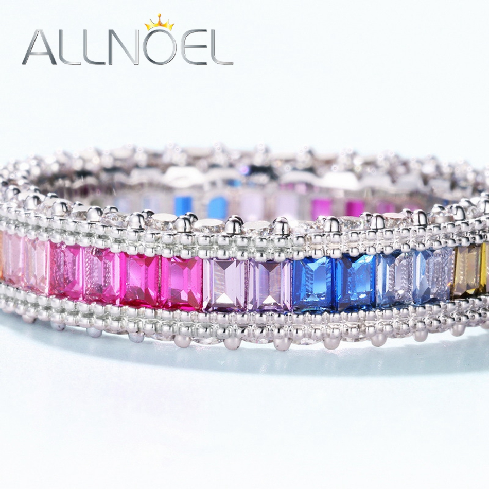 ALLNOEL anelli in vero argento Sterling 925 per donna arcobaleno CZ zircone cubico colorato 1*2mm regalo di gioielli con fedi nuziali a cerchio intero