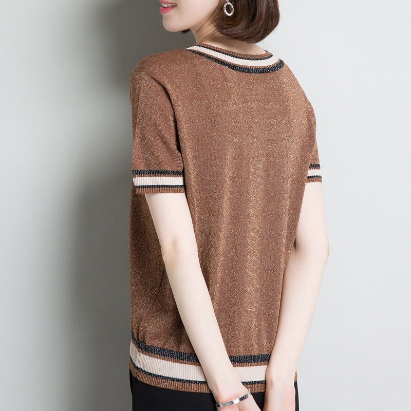 Sommer kvinner is silke gensere topper kortermet v-hals kvinnelig pull genser dame casual kul topp femme tynne gensere: Brun
