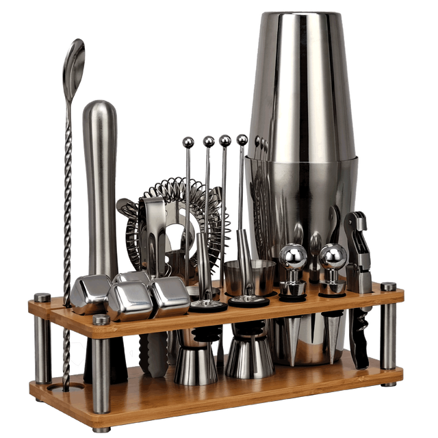 21-Piece Cocktail Shaker Set,Bartender Kit With Bamboo Stand Detachable, Party Home Bar Tools Stainless Steel ,Perfect: Boston