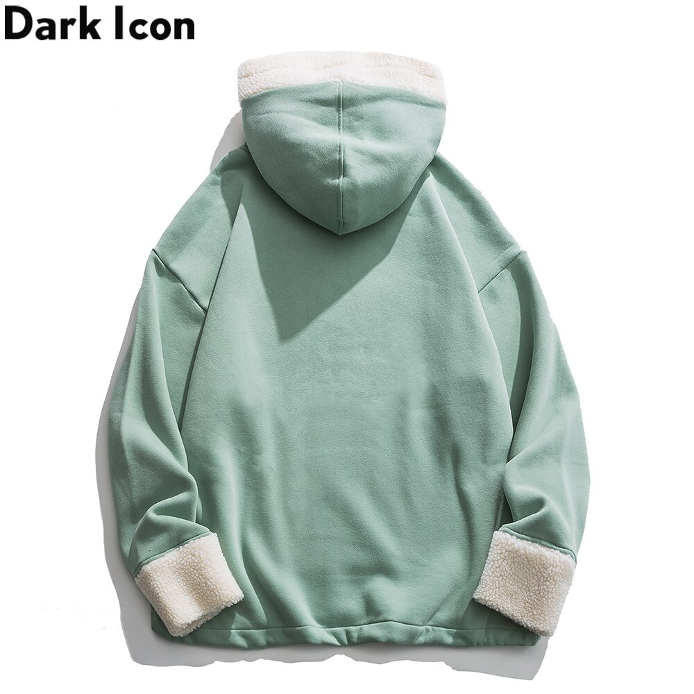 Dark Icon Sherpa Patchwork Hoodie Men Women Front Pocket Hooded Sweatshirts Man Preppy Style Students Hoodies